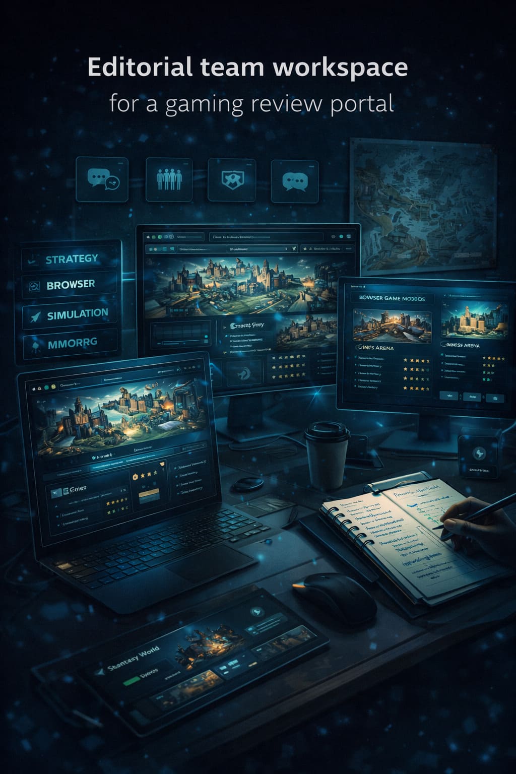 Illustrazione editoriale di una scrivania con monitor, schede e panoramica del portale