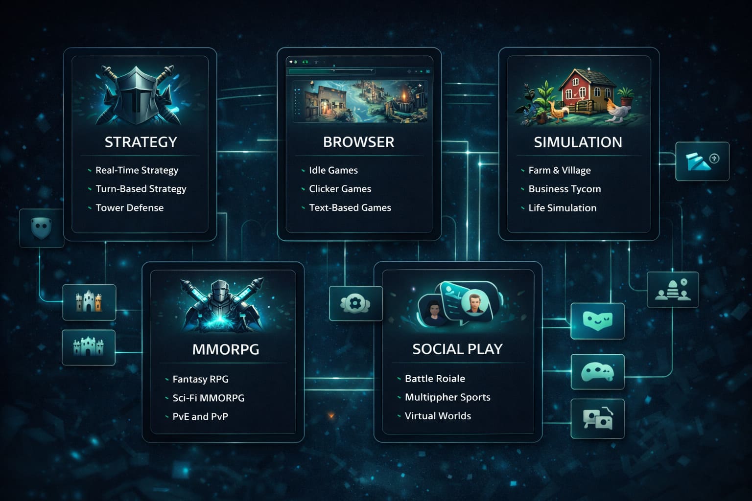 Mappa visiva delle categorie di gioco online con cluster strategia, browser e social